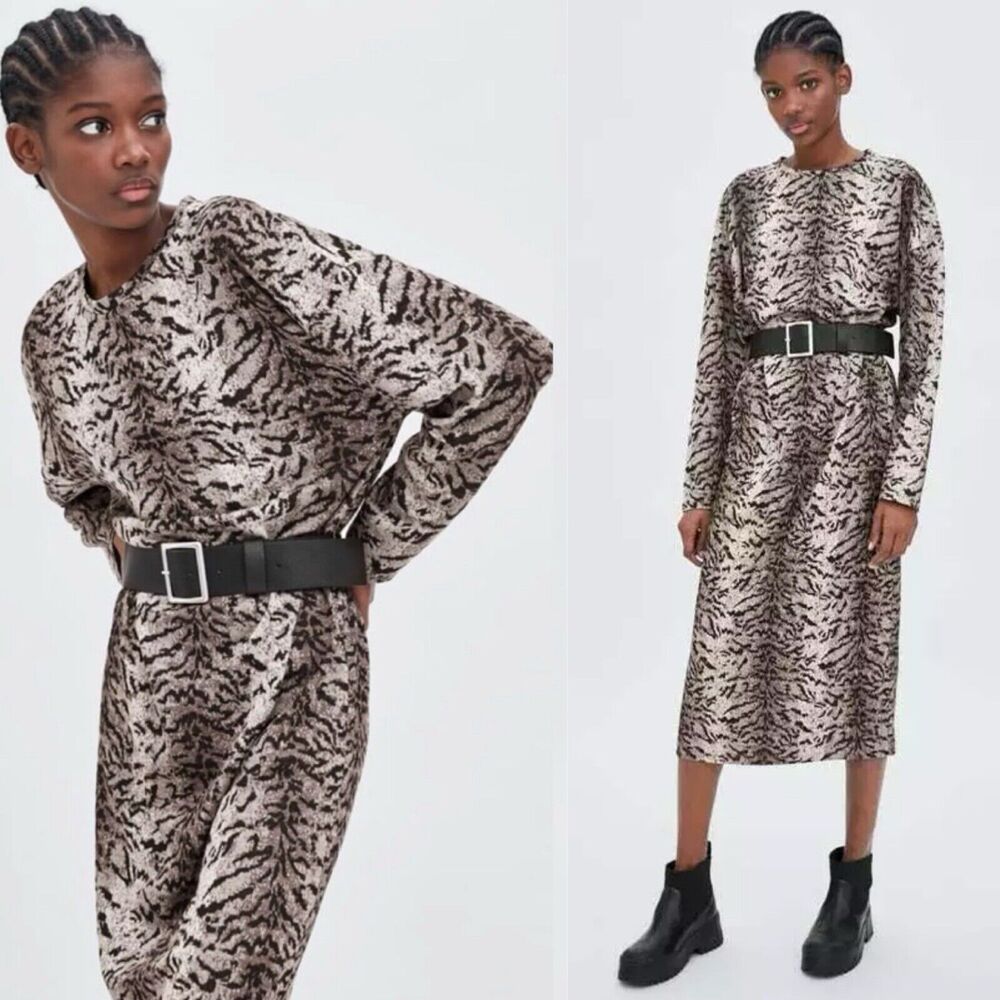 Zara Tiger Animal Print Knit‎ Long Sleeve Crewneck Belted Midi Dress Medium